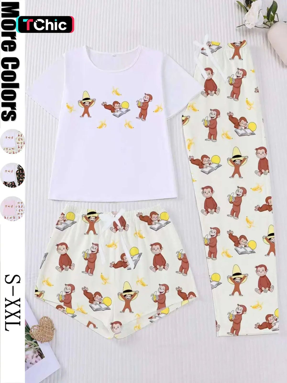 Three-Piece Women's Short Sleeve Top & Long Pants & Shorts Sleepwear Set, Sleepwear Outfits, Casual Home Nightwear, Loungewear