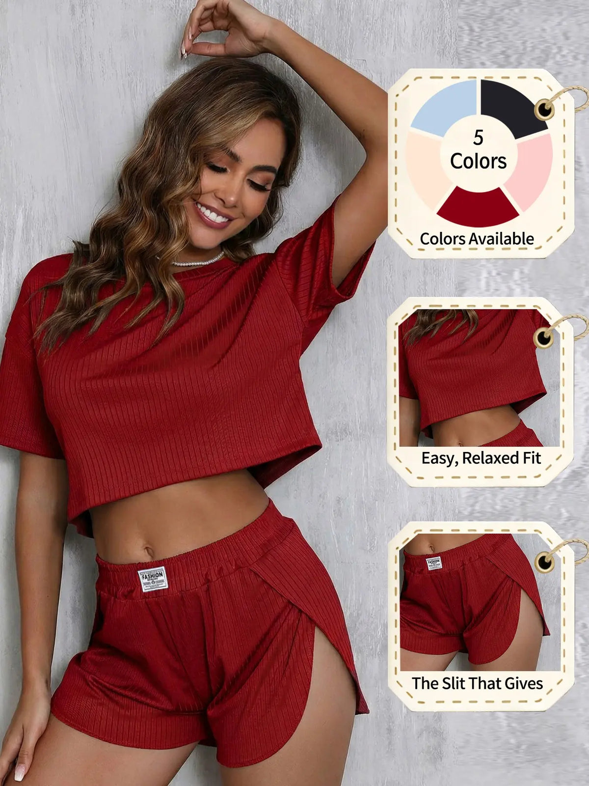 Women's Solid Elastic Ribbed Crop Tee & Shorts Slit Pajama Two-piece Set, Casual Comfy Fit Short Sleeve T-shirt & Shorts, Ladies Summer Sleepwear Loungewear, Homewear, Pjs, Pyjamas Set, Aesthetic