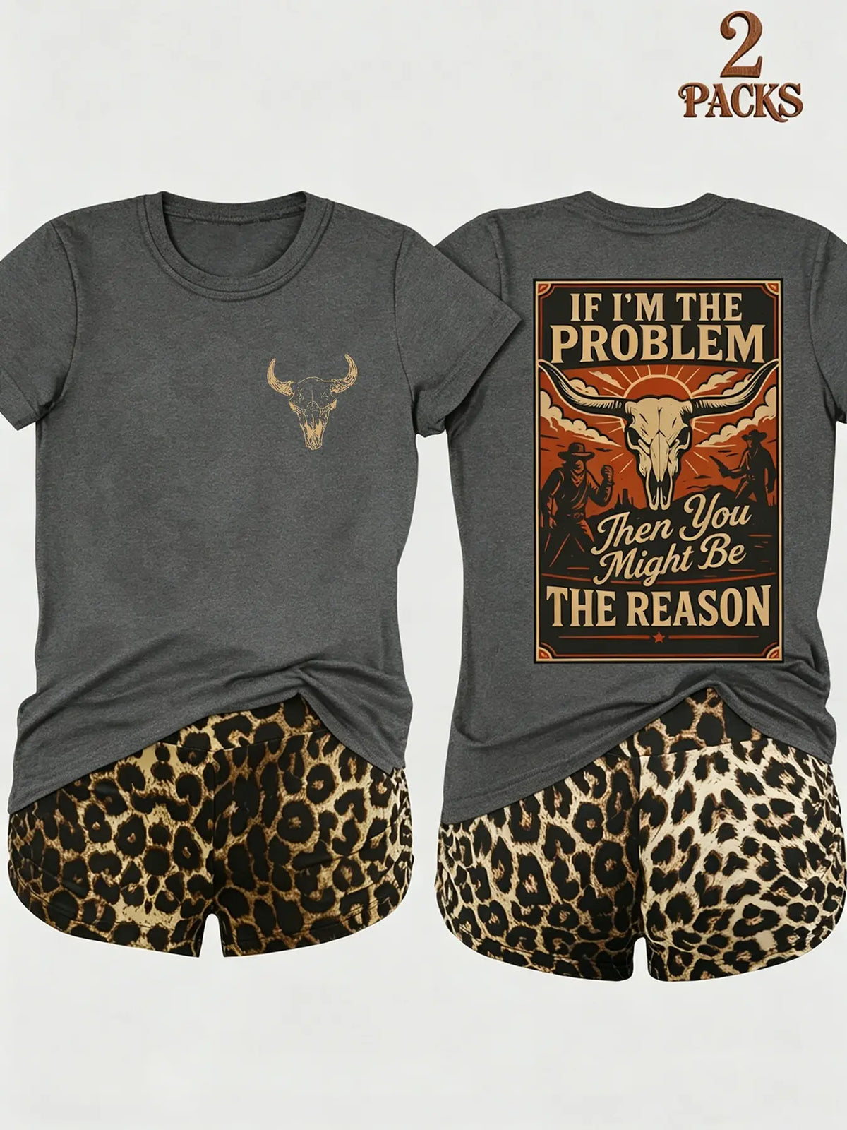 2-Pack Value Set, Matching Short-Sleeve Tees & High-Waisted Leopard Print Shorts, Comfortable Sleepwear for Lazy Days & Cozy Nights, Loungewear Pajama Set
