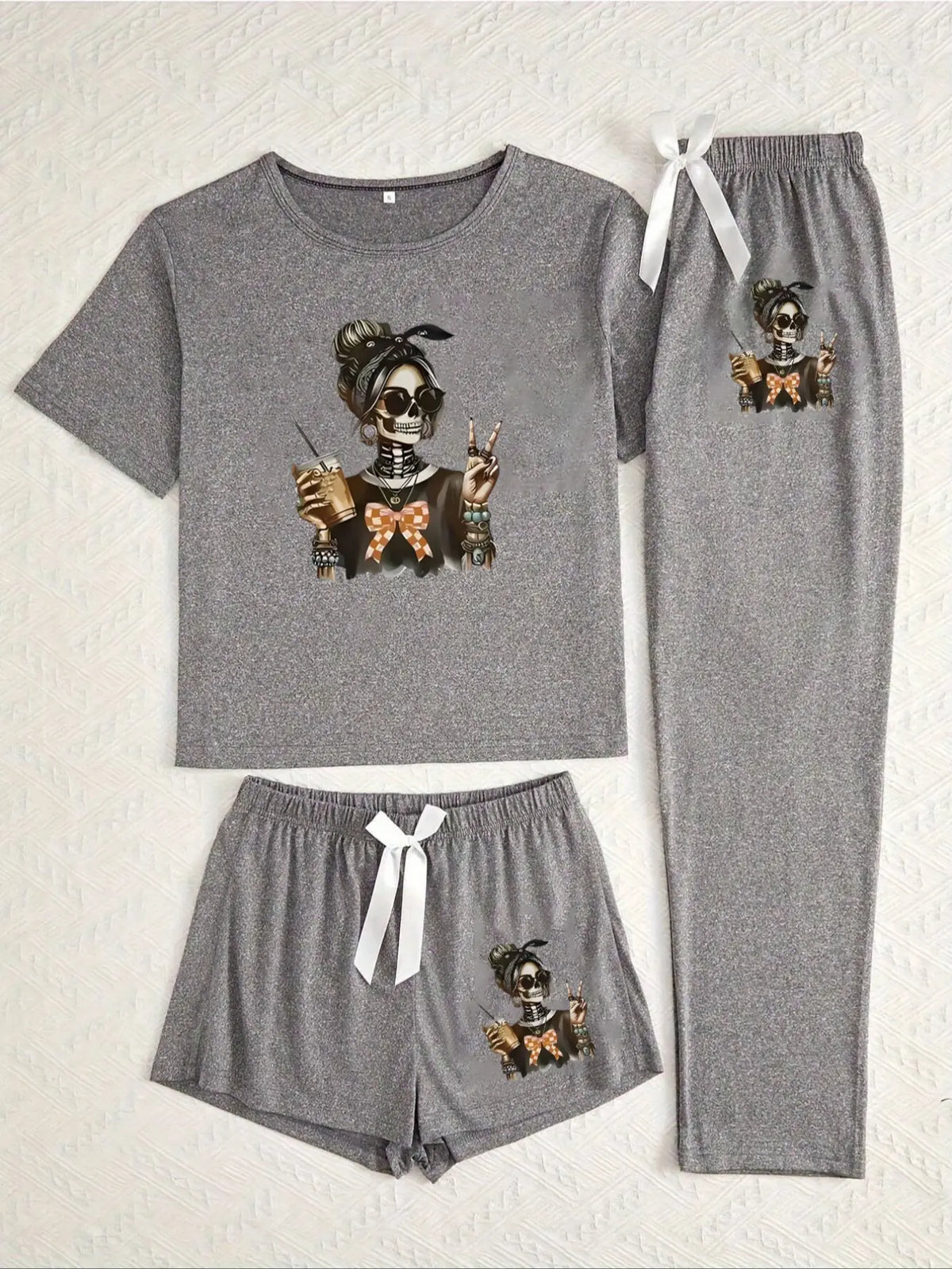 Halloween Skull Girl Print Pajama Chic Set Knit Pjs for Women, Fitted Pajama Sets, Casual Fitted Sleepwear Loungewear, All Seasons Comfortable Nightwear, Moderate Fabric Thickness, Everyday Womenswear