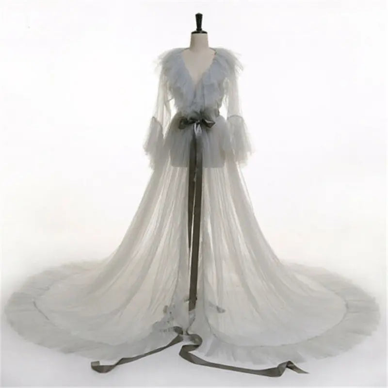 Women Kimono Dress Sheer Tulle V-Neck Long Flare Sleeves Floor Length Night-Robe Lingerie
