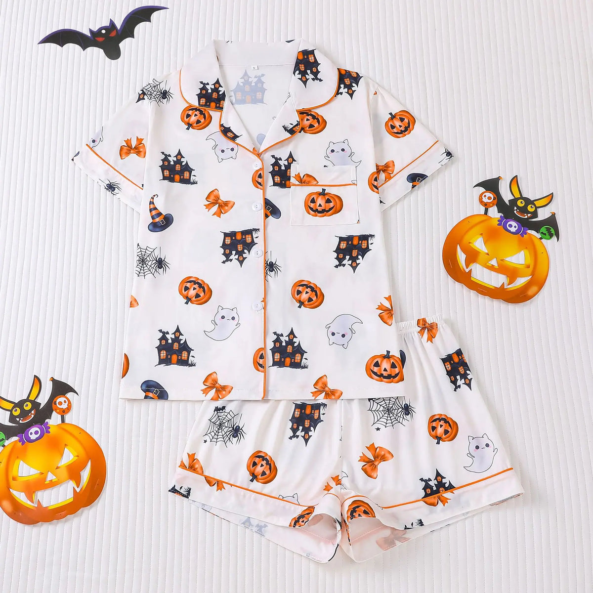 Msrlassn Women's Halloween Print Lapel Neck Pajama Set Casual Comfy Short Sleeve Top & Shorts Pj Set Ladies Sleepwear for All Seasons Loungewear