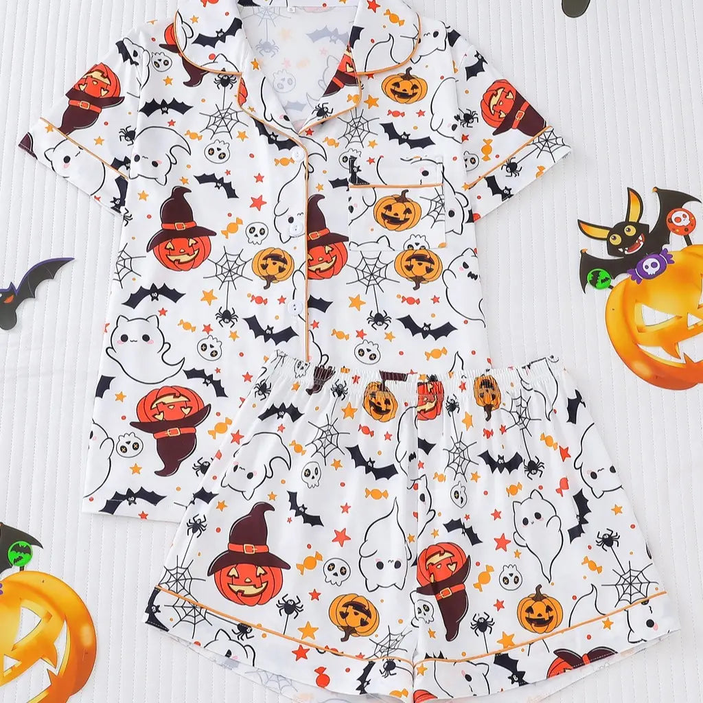 Msrlassn Women's Halloween Print Lapel Neck Pajama Set Casual Comfy Short Sleeve Top & Shorts Pj Set Ladies Sleepwear for All Seasons Loungewear