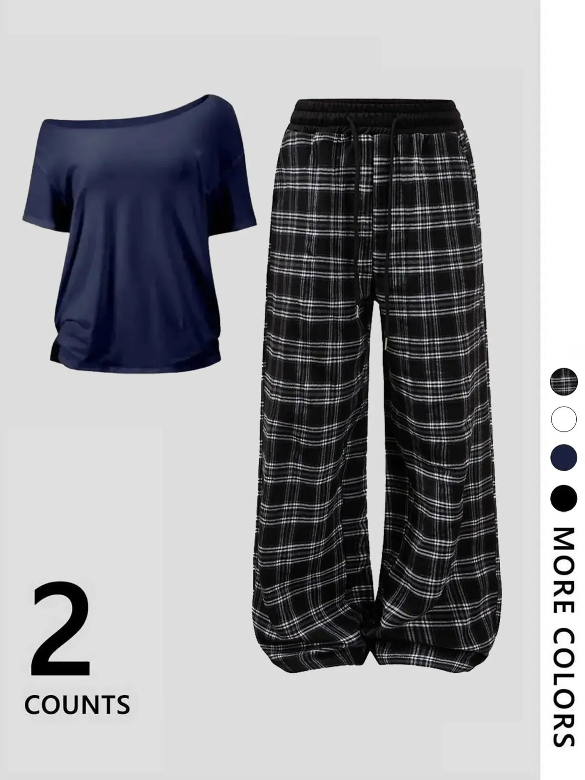 Women's Off-Shoulder Loose Short Sleeve Top with Plaid Pants Pajama Set, Nightwear Loungewear Set, Loungewear, Homewear, Fashionable and Comfortable, Ideal for Daily Activities and Home Wear, Matching Loungewear