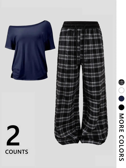 Women's Off-Shoulder Loose Short Sleeve Top with Plaid Pants Pajama Set, Nightwear Loungewear Set, Loungewear, Homewear, Fashionable and Comfortable, Ideal for Daily Activities and Home Wear, Matching Loungewear