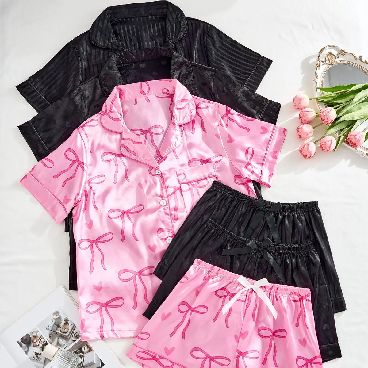 Women's 6-Piece Short-Sleeve Pajama Loungewear Set - Elastic Waist Shorts, Stylish Floral/Leopard Fabric, Elegant Fitted Style, Lounge Set for Women, Valentine Occasions
