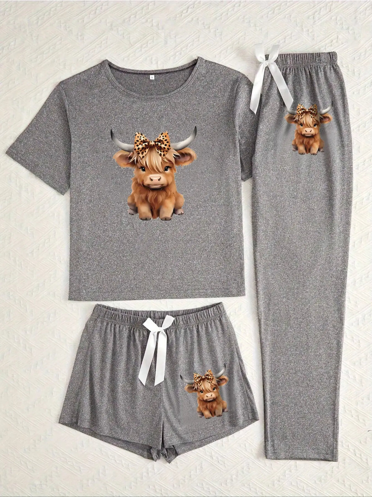 Cartoon Highland Cow Print Women's Pajama Sets, Casual Pajamas Set, Casual Comfy Pajama, Matching Pyjamas, Casual All Seasons Nightwear, Fitted Knitted Fabric Sleepwear & Loungewear