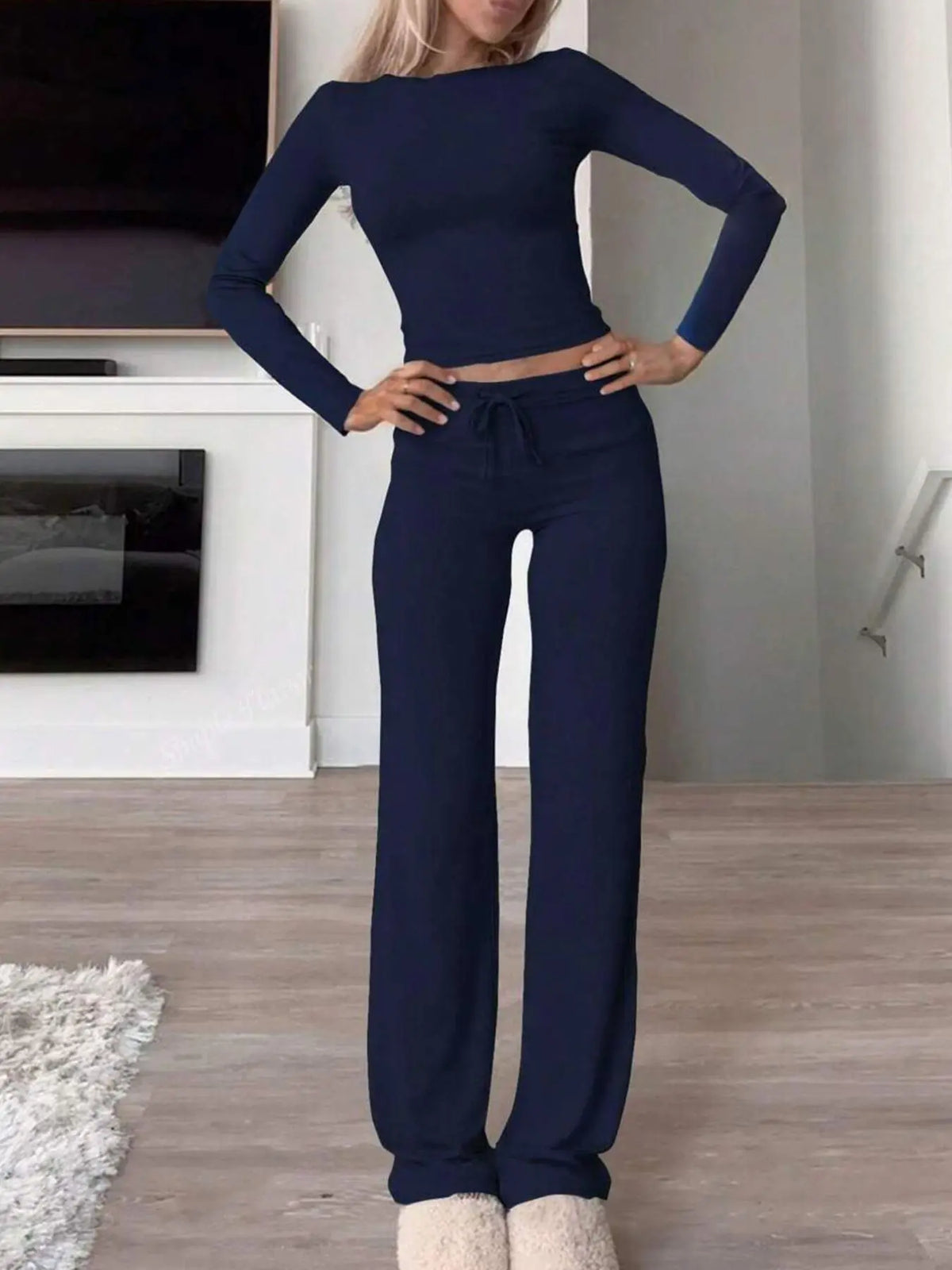Women's Solid Long Sleeve Crop Top & Drawstring Waist Straight Leg Pants Loungewear Set, Casual Comfy Round Neck Top & Trousers PJ Set, Ladies Sleepwear for Summer & Fall