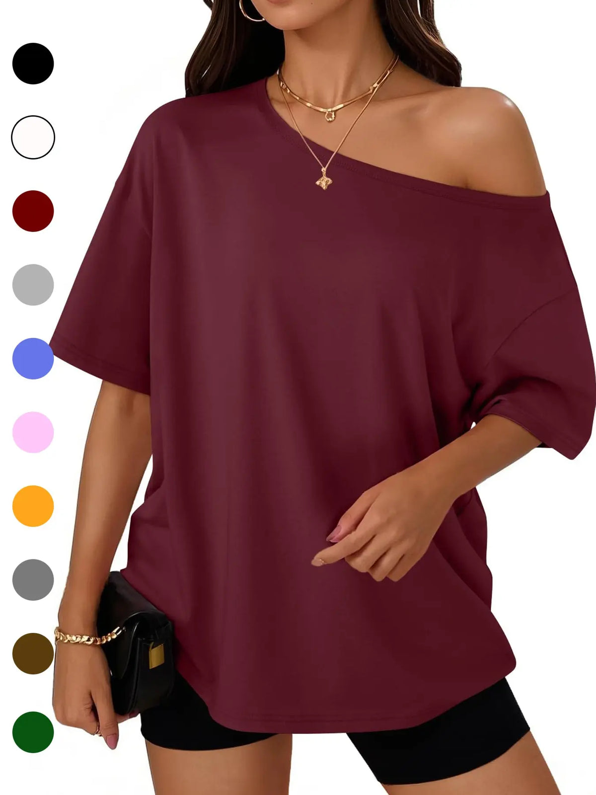 Women's Summer Shoulder-Exposed Sleepwear Set, Loose Fit Short Sleeve T-Shirt, Casual Home Wear, Outdoor Use, Loungewear, 1 Piece, Loose Lounge Clothes