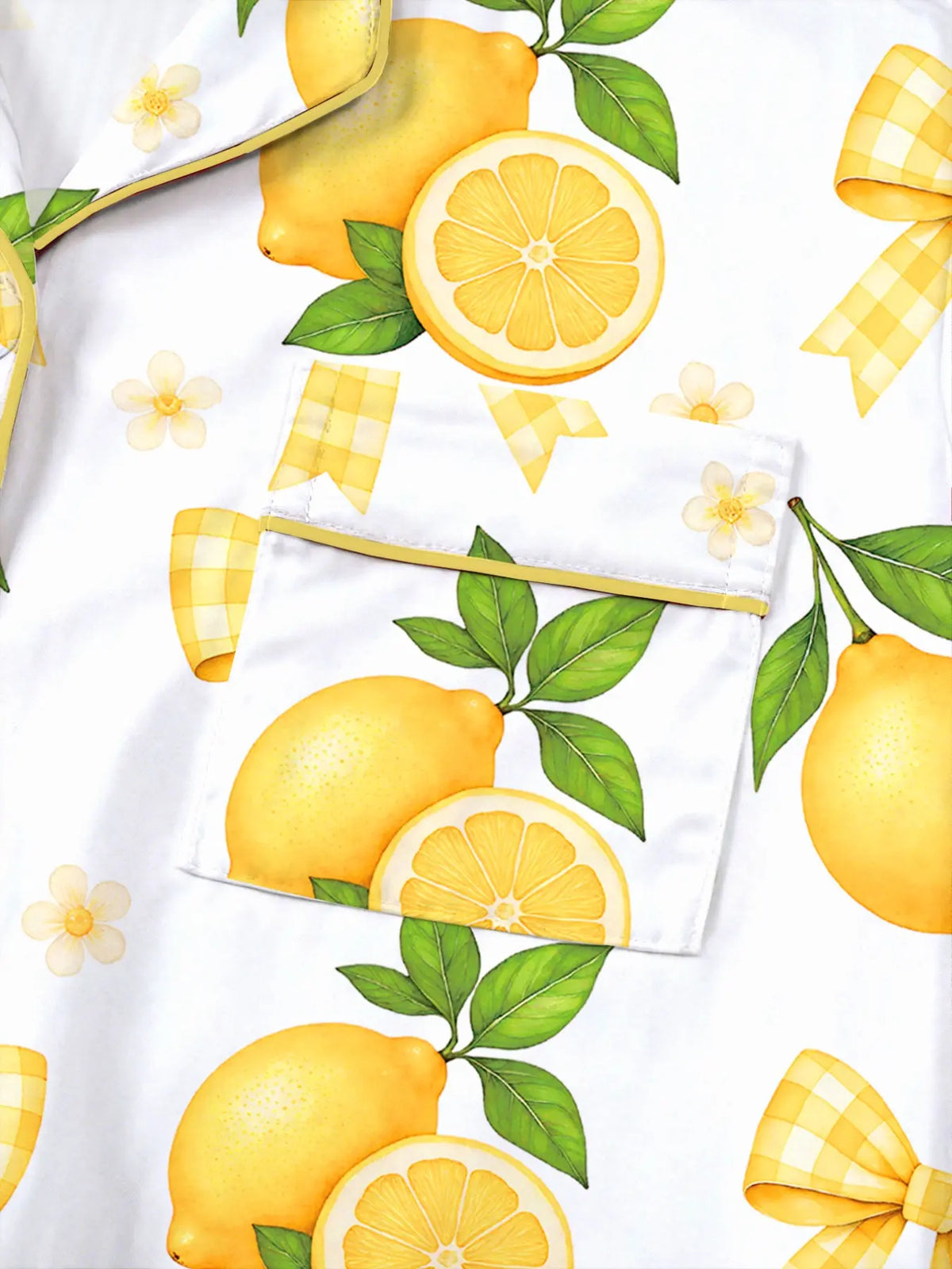 Women's Lemon & Bowknot Print Pyjama Set, Short Sleeve Button-Up Top & Elastic Waist Shorts, Casual Sleepwear & Loungewear for All Seasons, Pajamas