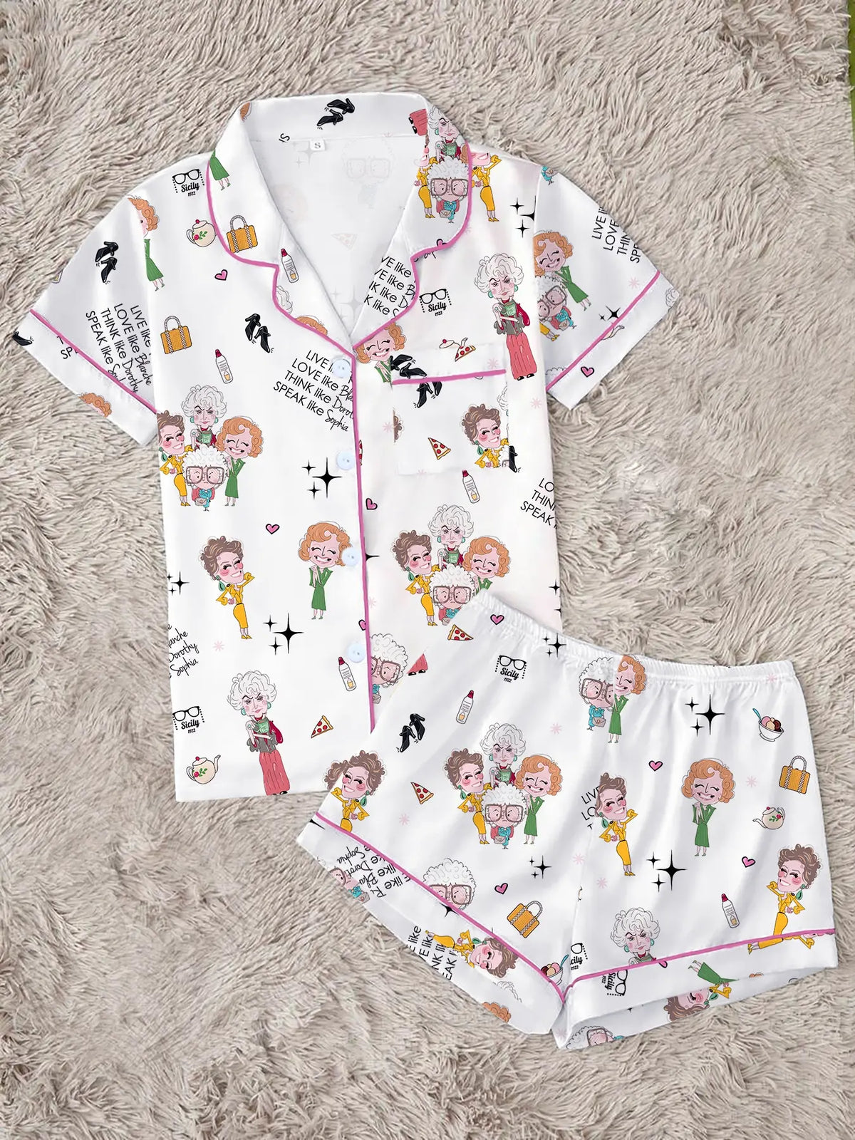 Classic Golden Girls Theme Print Lapel Short Sleeve Shirt & Shorts Fitted Collared Set, Casual Pajamas Set, Polyester Loungewear Set, Casual Chic Style Comfortable Lightweight Loungewear Nightwear for All Seasons, Ideal Party Gift Pjs, Pajama Sets
