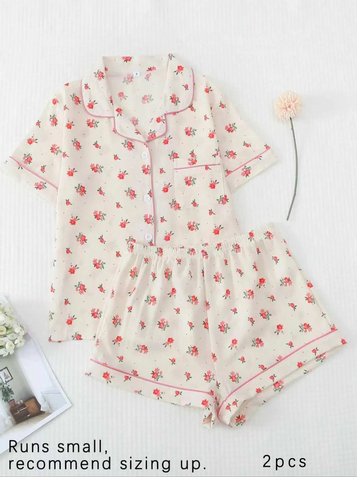 Women's All Over Print Woven Casual Loungewear Set, Contrast Binding Pocket Button Top & Elastic Shorts Pajama Set, Ladies Summer Pjs Nightwear Matching Pj Set