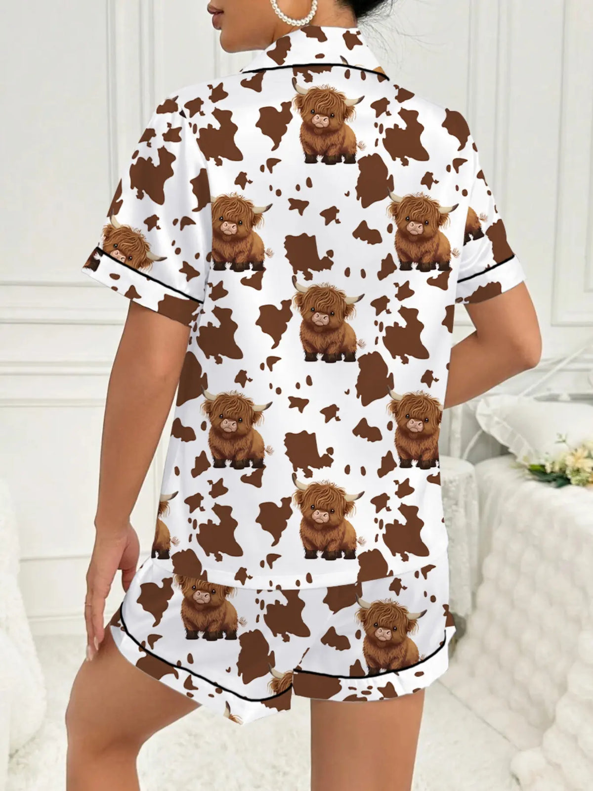 Valentine's Day Women's Sleepwear Loungewear Casual Pajama Set, Comfortable Cute Elastic Highland Cow Milk Cow Pattern Short Shirt and Pants Two-Piece Suit