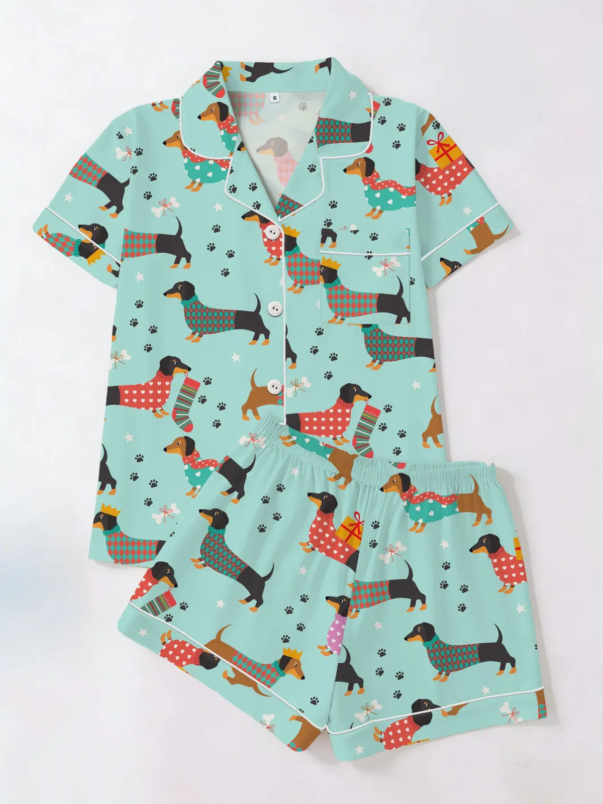 Women's Trendy Aesthetic Colorful Sausage-Dog Print Loungewear Set, Short-Sleeve Top and Shorts Sleepwear Set, Two-Piece Casual Fitted Pajama Suit, Nightwear Pajama Set for All Seasons