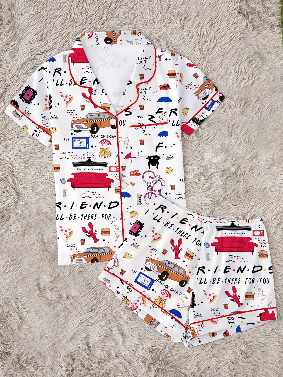 Women's Pajama Set, Retro Pop-Art Print Sleepwear, Short-Sleeve Top & Shorts Two-Piece, Soft Loungewear, Lounge Clothes & PJs for Spring