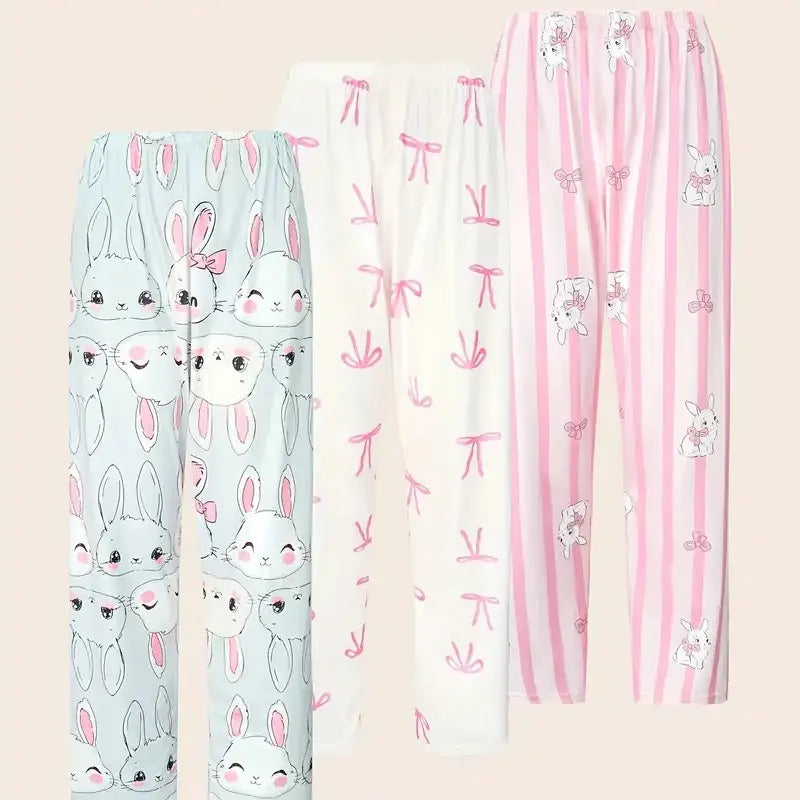 2026 Cute Summer 3 PCS Set Per Pack Sleeping Pants Women's Soft Drawstring Elastic Waist Loose Cute Heart Knit Causal Pajamas Trousers Red PJ Bottom Comfort Loungewear  Fabric Casual Floral Pajama Set pantalón  pijama matching pants pjs pants  pyjama