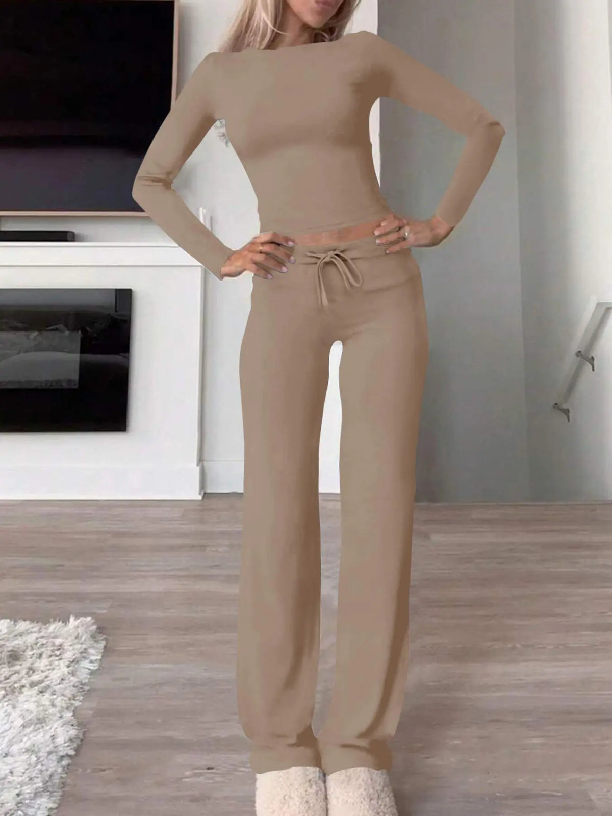 Women's Solid Long Sleeve Crop Top & Drawstring Waist Straight Leg Pants Loungewear Set, Casual Comfy Round Neck Top & Trousers PJ Set, Ladies Sleepwear for Summer & Fall