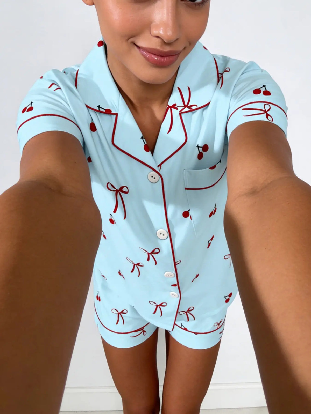 Women's Cherry Bow Printed Sleepwear Set, Short Sleeve Shorts Lapel Open Front Home Wear Two-Piece Set, Comfortable Sofa Loungewear Pajamas