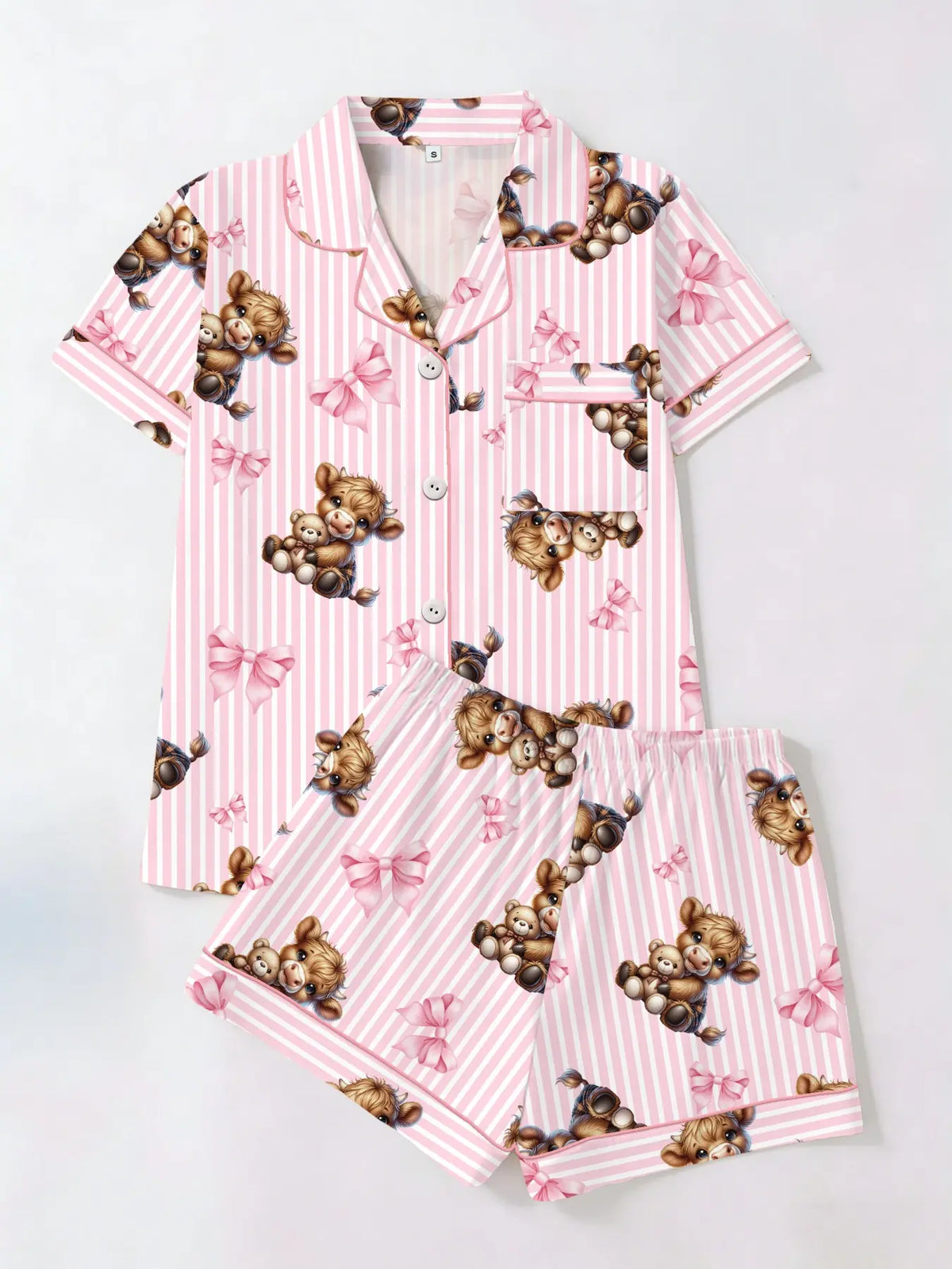 Cute Cat Garden Floral Print Short Sleeve Top Shorts Pajama Set, Fitted Casual Aesthetic Homeewear for Women, Casual Style Loungewear, All Seasons Wear, Two-Piece Sleepwear