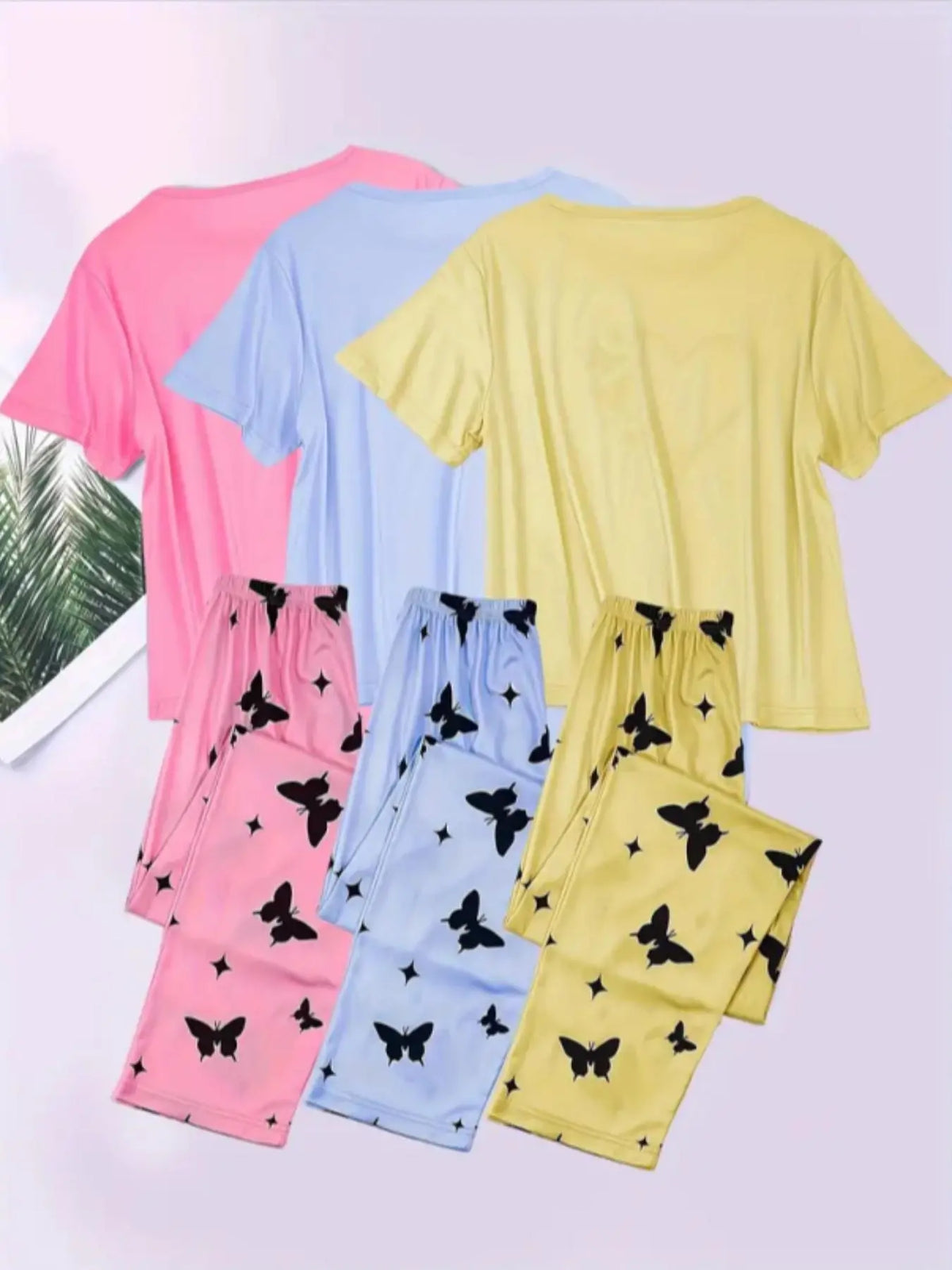 6-Piece Aesthetic Heart Butterfly Print Knitting Pajama Set, Short Sleeve Round Neck Top and Elastic Waist Pants, Women's Sleepwear, Pyjamas, Loungewear and Casual Wear, All Seasons, Fit