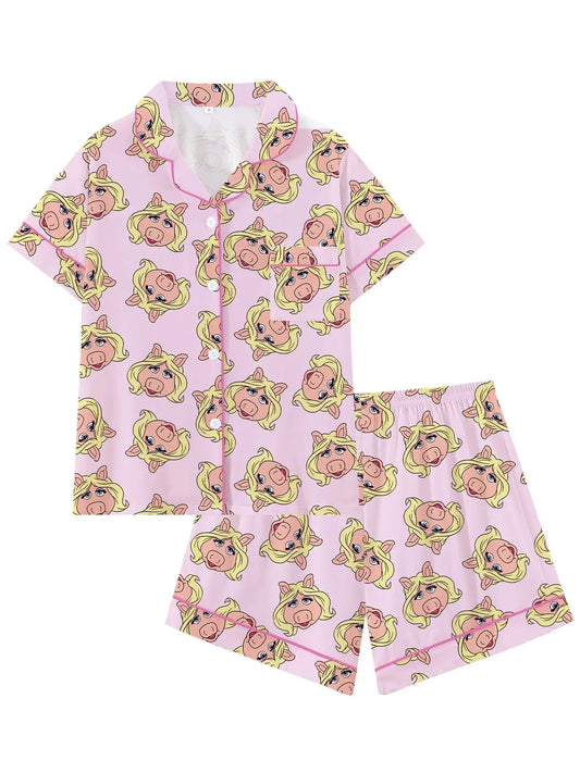 Women's Cute Pink Pig Character Print Pajama Set, Short Sleeve Button Down 2-Piece Loungewear, Pajama Lounge Sets, Adorable Cartoon Pig Sleepwear with Pink Trim,Perfect for Summer Nights & Sleepovers, Lounge Pjs Set