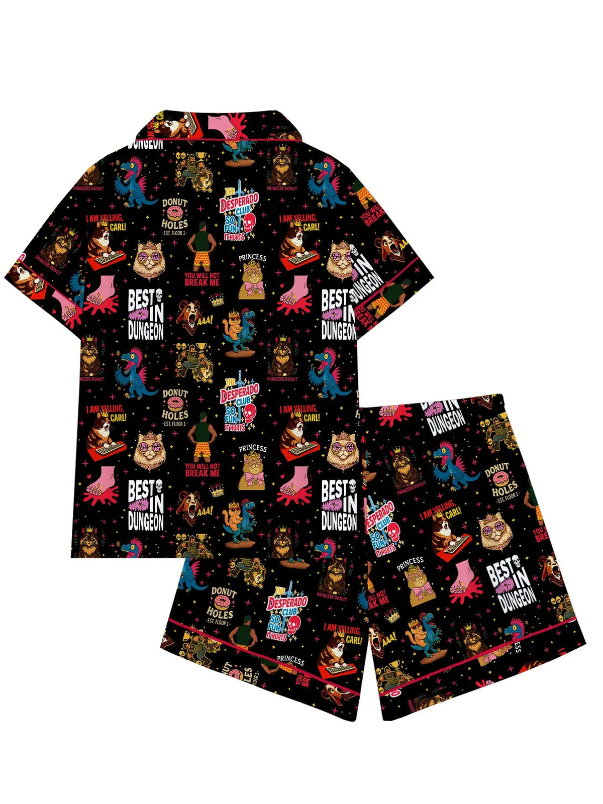 Women's Cute Dungeon Cat Print Pajama Set, Cozy Fantasy Sleepwear Set, Short-Sleeve Fitted Shirt and Pants, Two-Piece Homewear Set, Lightweight Loungewear, Nightwear Pajamas, Nightwear Outfit for Party Wear