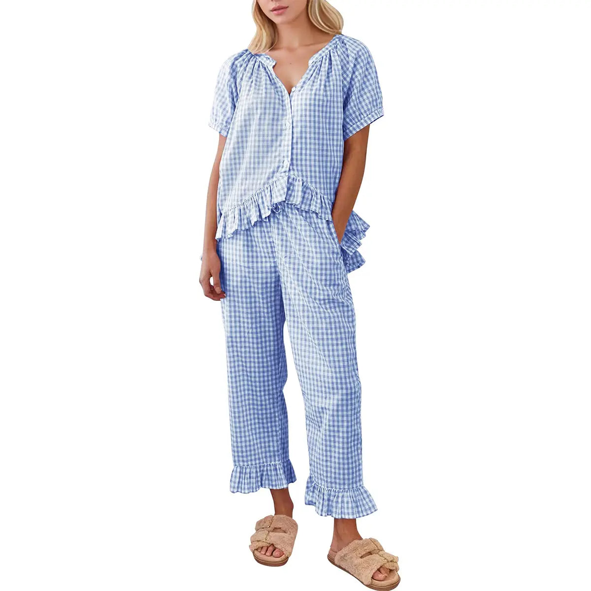 SCUSTY Women Two Piece Sets Y2k Plaid Pajama Sets Ruffle Hem Gingham Short Sleeve Shirt High Waist Bell Bottom Pants Lounge Cute Soft Sets