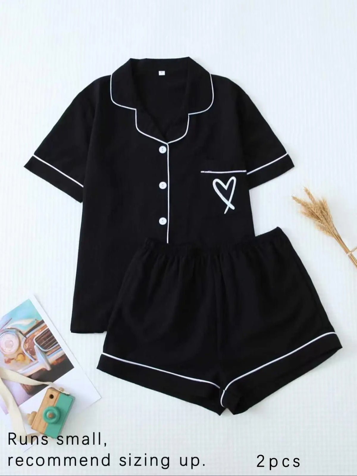 Women's All Over Print Woven Casual Loungewear Set, Contrast Binding Pocket Button Top & Elastic Shorts Pajama Set, Ladies Summer Pjs Nightwear Matching Pj Set