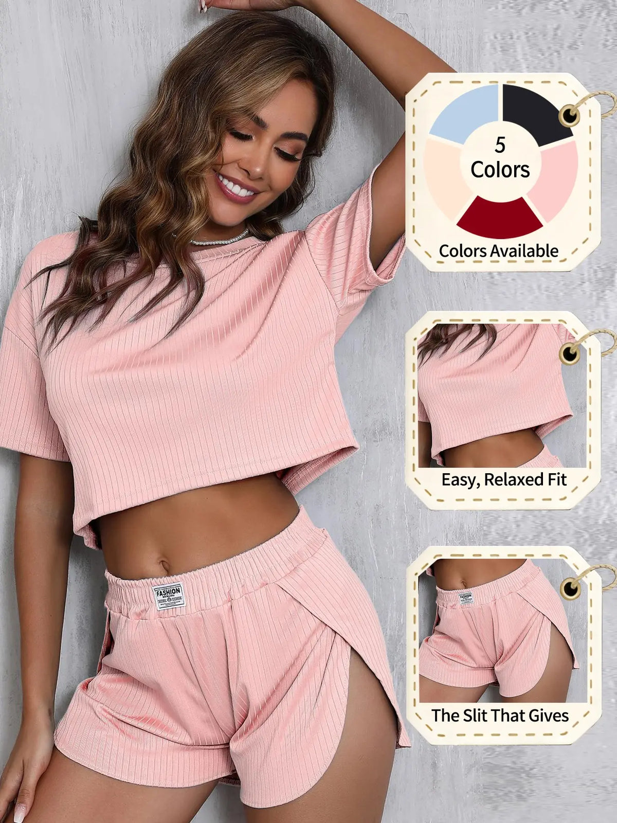 Women's Solid Elastic Ribbed Crop Tee & Shorts Slit Pajama Two-piece Set, Casual Comfy Fit Short Sleeve T-shirt & Shorts, Ladies Summer Sleepwear Loungewear, Homewear, Pjs, Pyjamas Set, Aesthetic