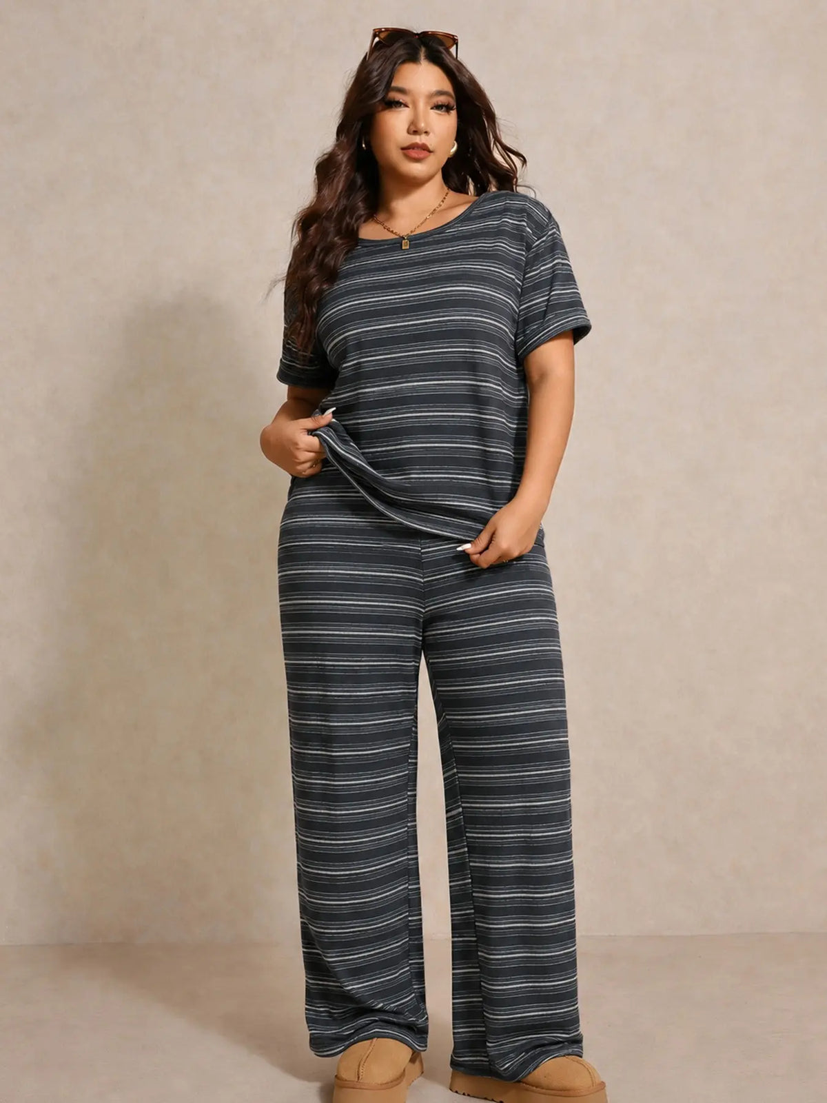 Women's Plus Size Striped Print Drop Shoulder T-Shirt and Long Pants Sleepwear Set, Comfortable Home Wear Loungewear, Casual Fashion Night Outdoors Walking