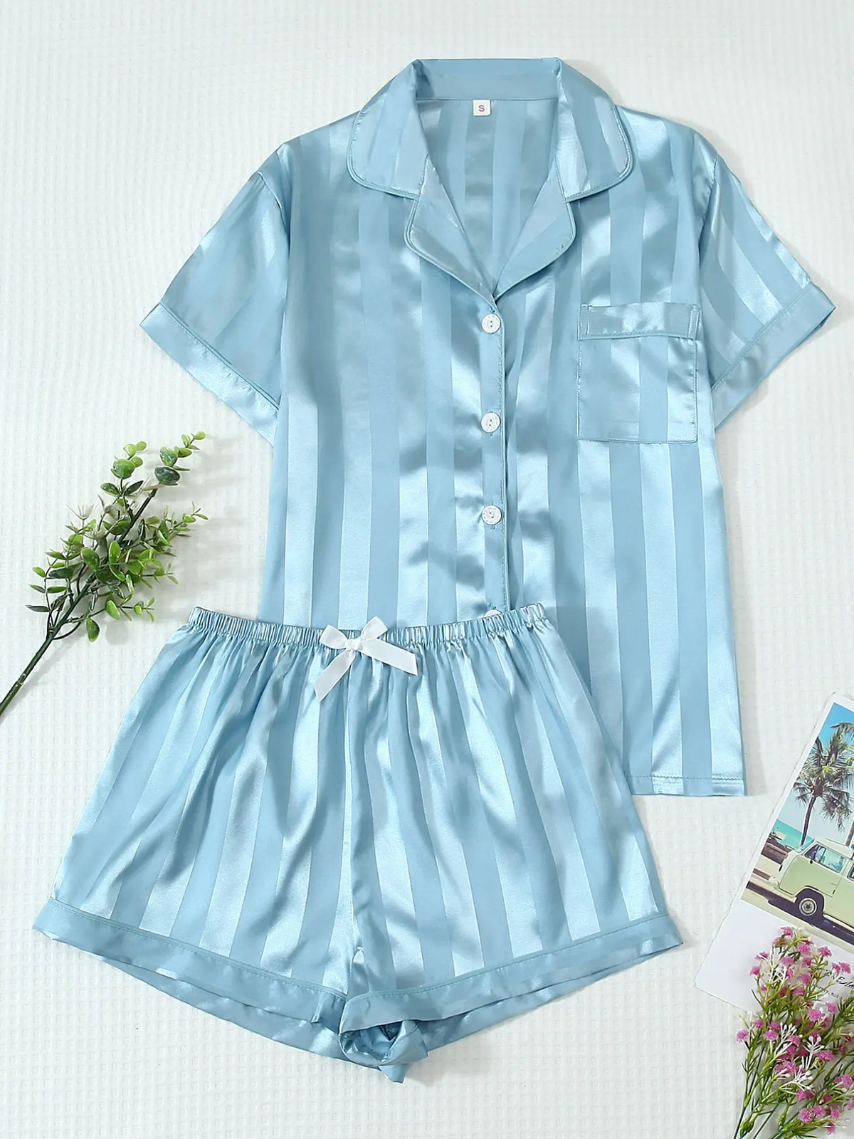 Women's 2-Piece Satin Pajama Set, Striped Collared Short Sleeve Top with Pockets, Bow Shorts, Loungewear Shorts Sets, Casual Home Wear, Fitted Style, Loungewear, Loungewear Outfit, Homewear, Nightwear, Pjs, Pyjamas