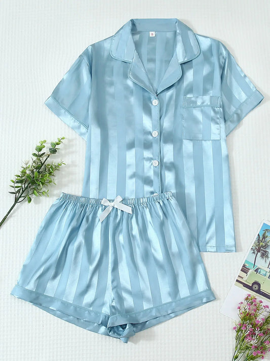 Women's 2-Piece Satin Pajama Set, Striped Collared Short Sleeve Top with Pockets, Bow Shorts, Loungewear Shorts Sets, Casual Home Wear, Fitted Style, Loungewear, Loungewear Outfit, Homewear, Nightwear, Pjs, Pyjamas
