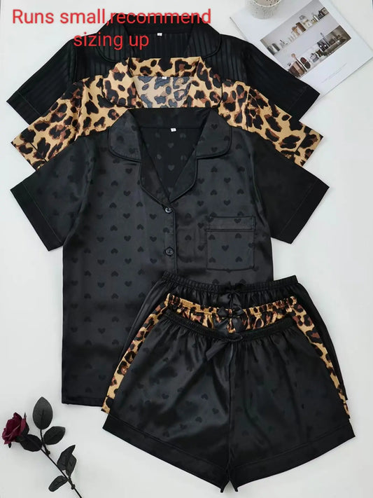 Fashion Six-Piece Women's Satin Pajama Set, Comfortable Summer Sleepwear Loungewear, Button Top and Bow Front Shorts, Casual Fitted Style, Casual Fitted Nightwear