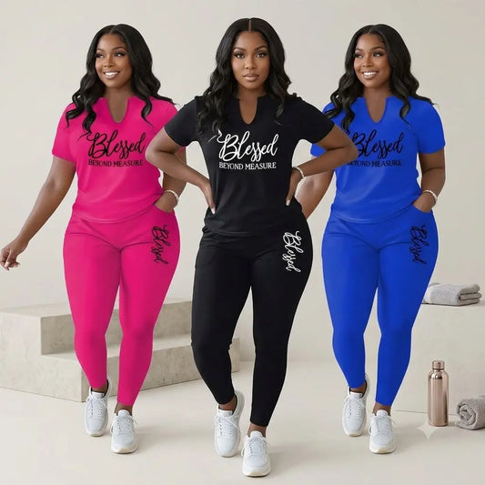 Women's Plus Size 2-Piece Soft Beach Loungewear Set - V-Neck Short Sleeve Top, Fabric-Fit Leggings for Casual Wear