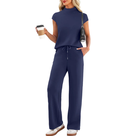 Women's 2-Piece Minimalist Lounge Set - Mock Neck Short Sleeve Top, Wide Leg Drawstring Pants, Breathable Fabric Summer Travel Basics, Cap-Sleeve Chic Sohochic