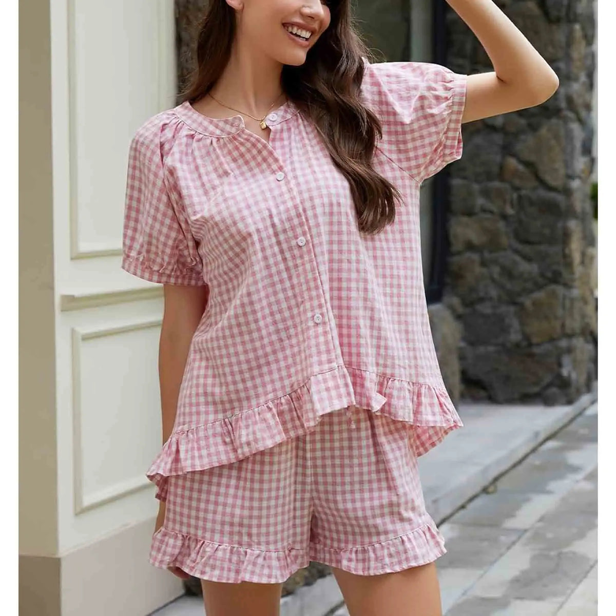 Arssm Women’s Gingham Pajamas Set – 2-Piece Cotton PJs with Ruffle Babydoll Shirt & Plaid Shorts for Cozy Sleepwear & Lounge Outfits
