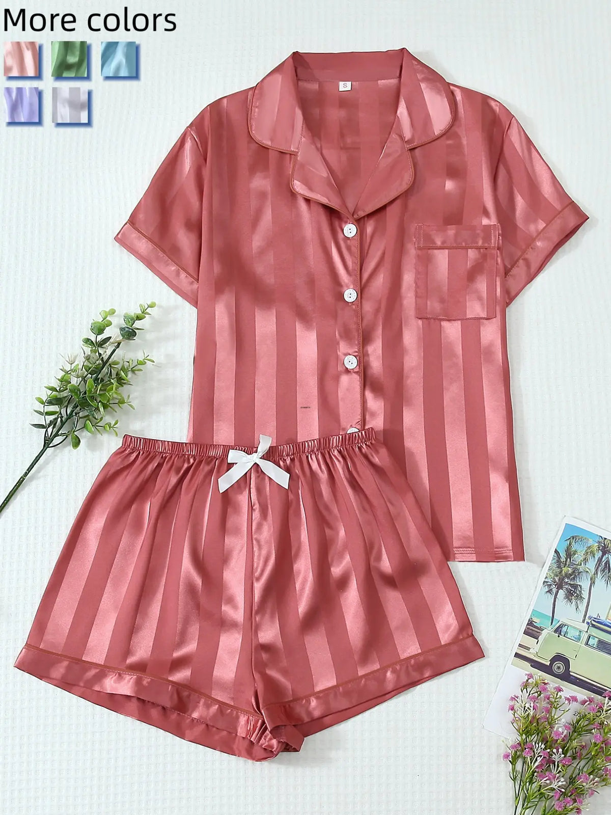 Women's 2-Piece Satin Pajama Set, Striped Collared Short Sleeve Top with Pockets, Bow Shorts, Loungewear Shorts Sets, Casual Home Wear, Fitted Style, Loungewear, Loungewear Outfit, Homewear, Nightwear, Pjs, Pyjamas
