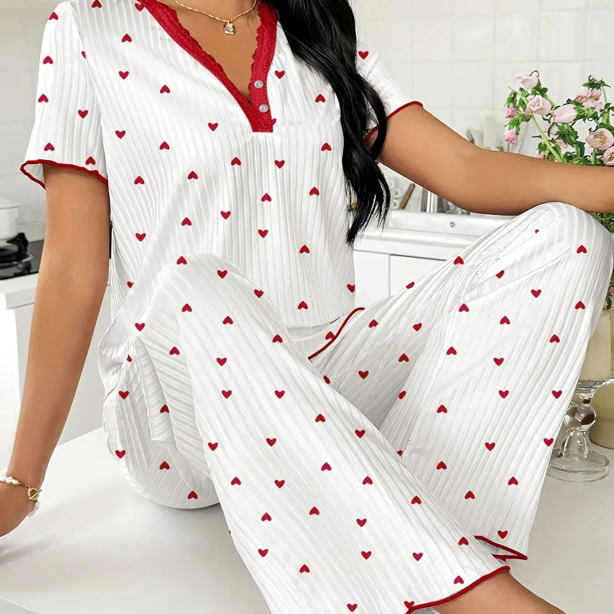 FEITAI Women's 2-Piece Floral Cherry Print Nightwear Set - Ribbed Knit Short Sleeve V-Neck Button Front Henley Top with Lace, Matching Stretchy Fabric Fit Pants, Feminine Sleepwear Loungewear